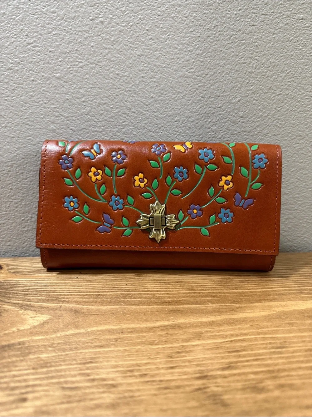 Patricia Nash Brown Floral Embossed Leather Wallet with Multicolor Flowers